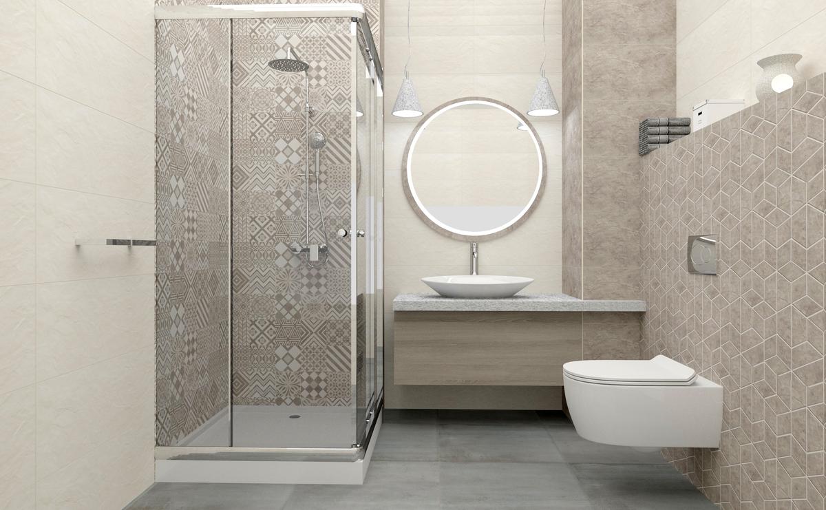 Stylowy patchwork w małej łazience - Tubądzin Igara.